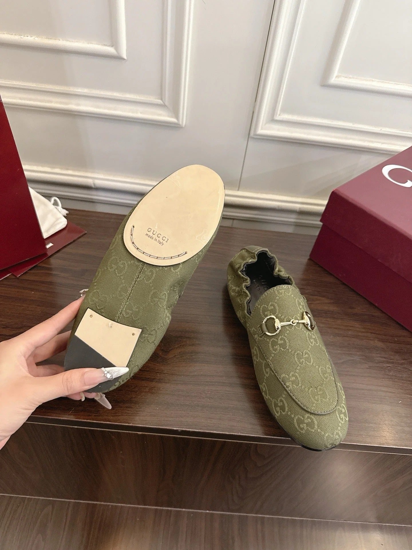 GG 26SS Loafers Olive Green Monogram Canvas Leather 645956