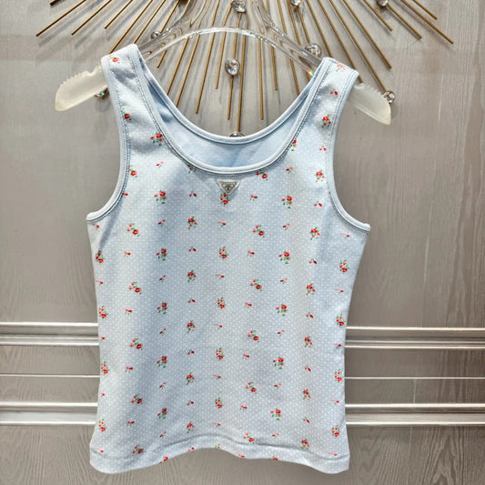 Prada 2026 Floral Print Vest Light Blue Cotton