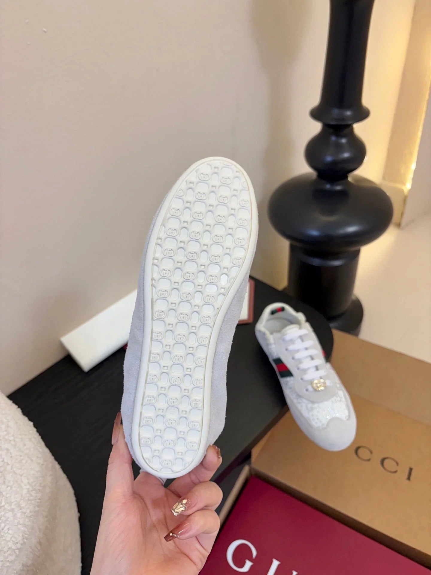 GG 26 Casual Sneakers White Light Gray Cowhide Suede Rhinestones 627231