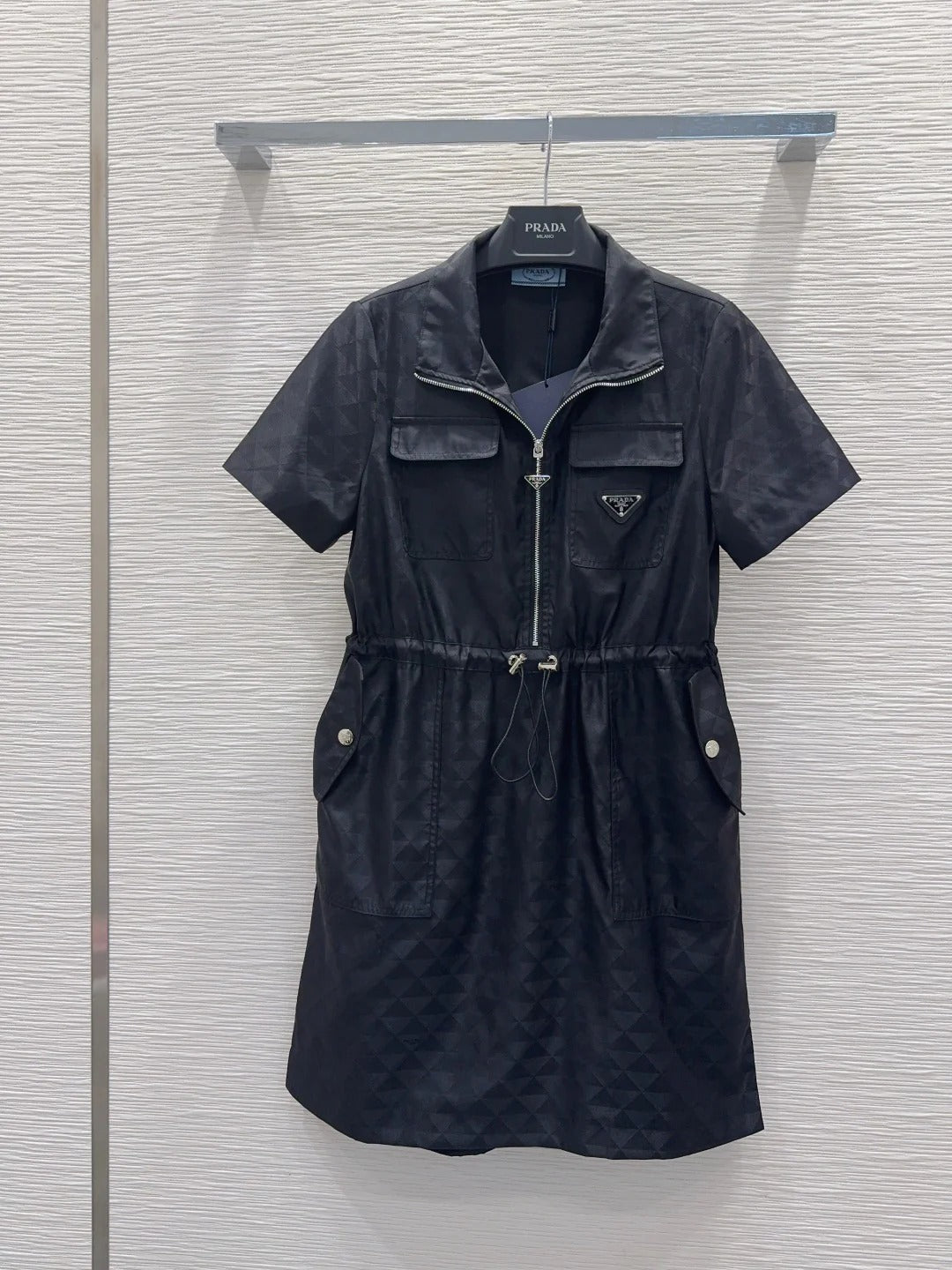 Prada 2026 Zippered Collar Shirt Dress White and Black Nylon 133135