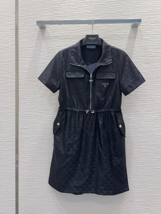 Prada 2026 Zippered Collar Shirt Dress White and Black Nylon 133135
