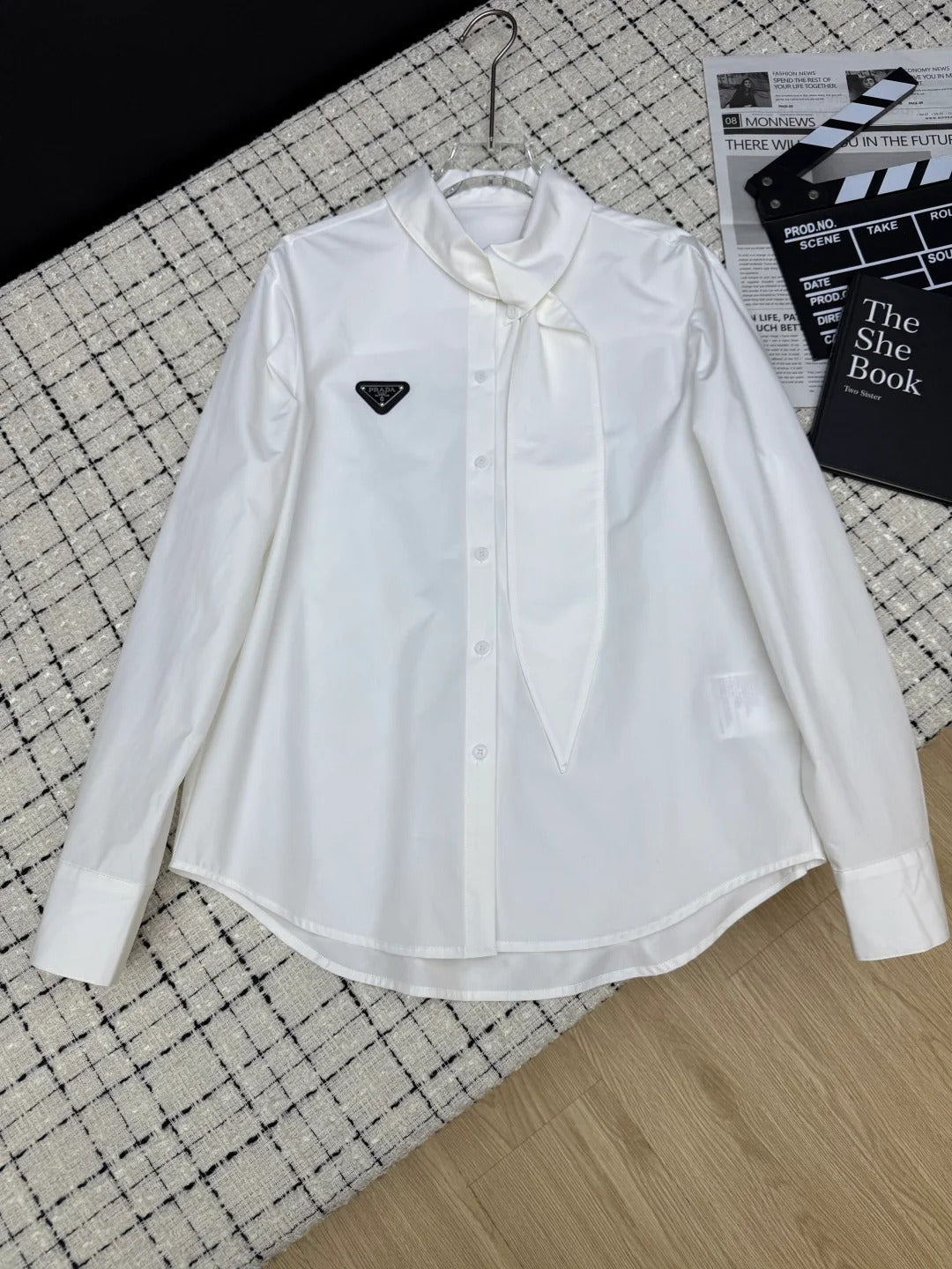 Prada 2026 Triangle Logo Tie-up Top White and Pink Cotton 132431