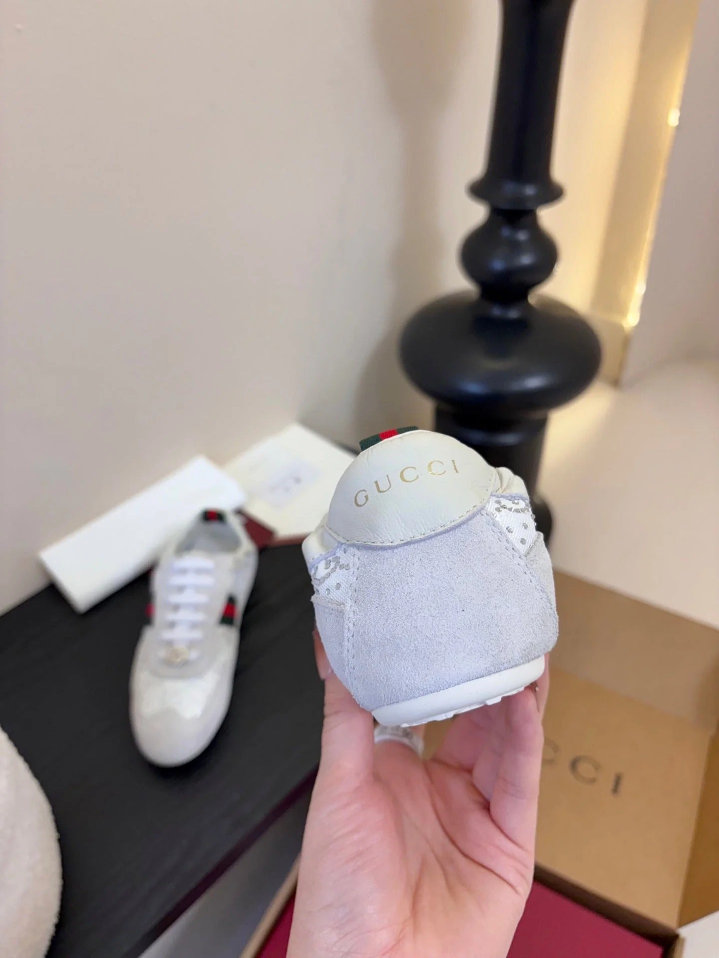 GG 26 Casual Sneakers White Light Gray Cowhide Suede Rhinestones 627231