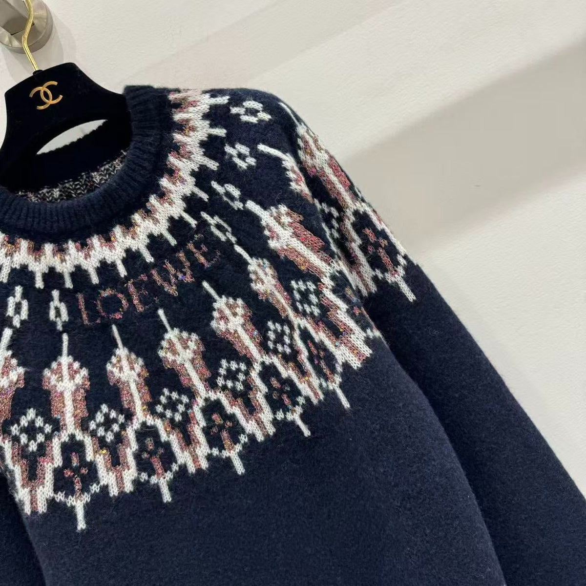 Loewe 2025 Sequin-embellished Fair Isle Wool-blend Navy Blue Sweater