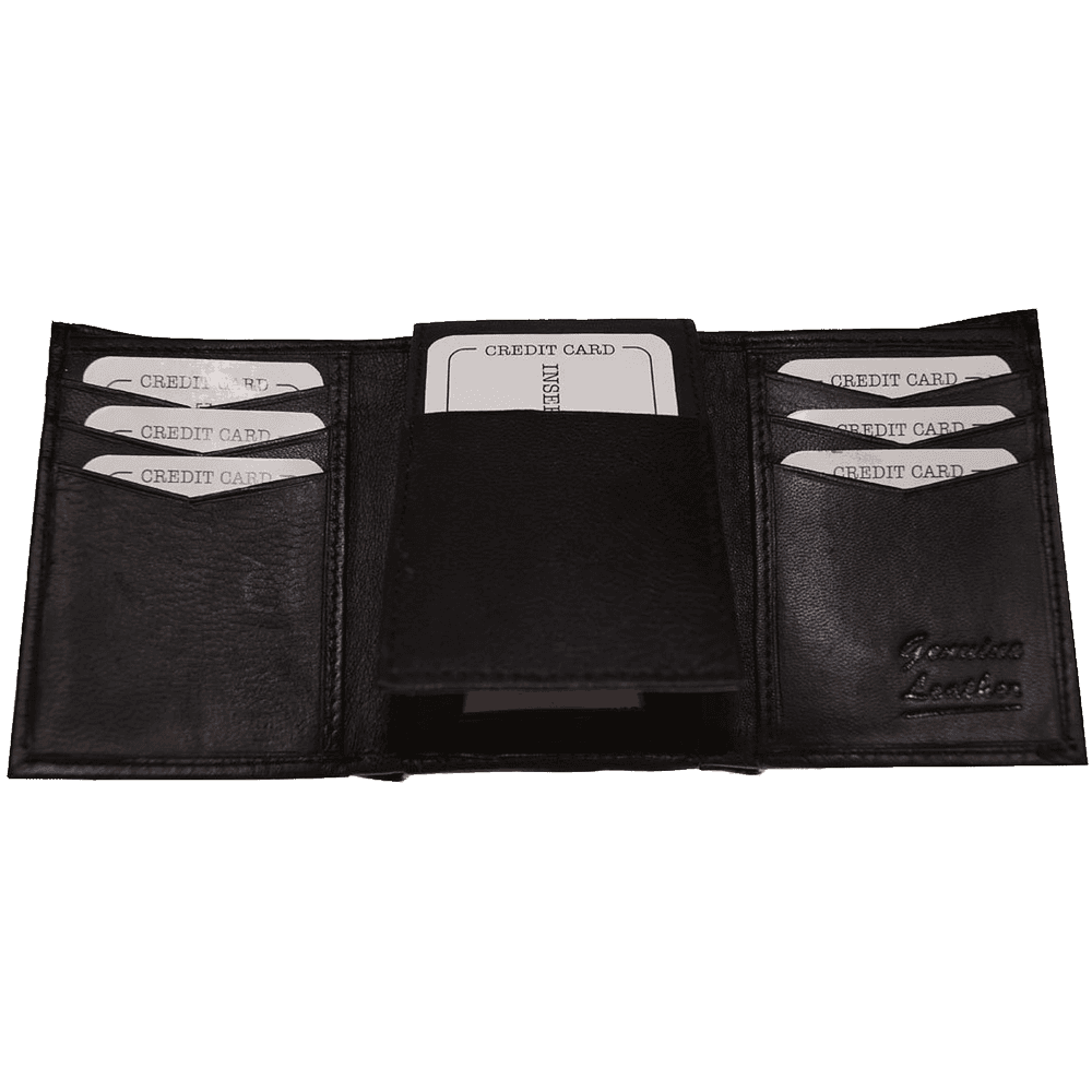 Improving Lifestyles Leather Men Tri Fold Wallet FIXED Flip Up Window ID with FREE Organza Gift Bag