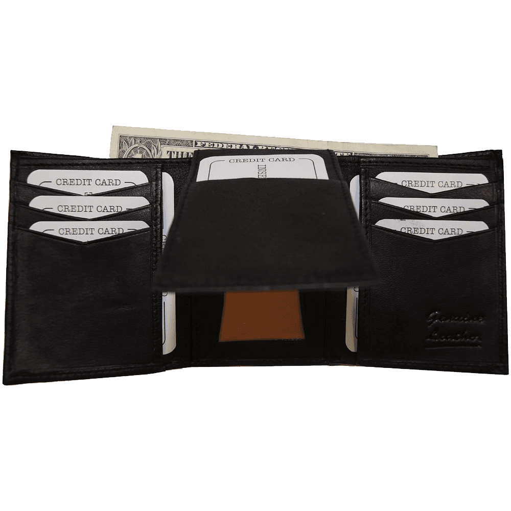 Improving Lifestyles Leather Men Tri Fold Wallet FIXED Flip Up Window ID with FREE Organza Gift Bag