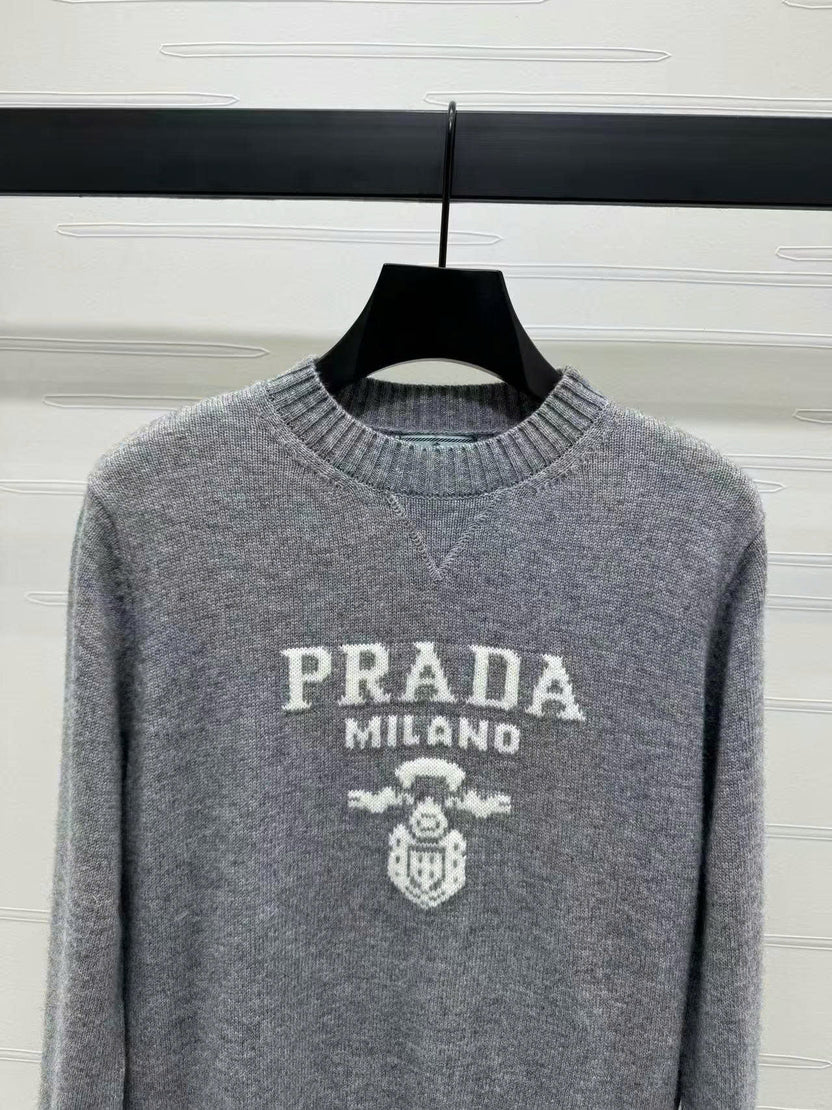 Prad Logo Crew-Neck Sweater in Natural Wool